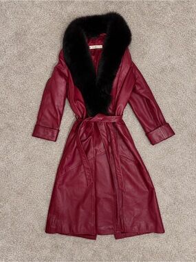 Vintage Leather Full-Length Trench Coat - Oxblood - Women’s Small - Faux Fur